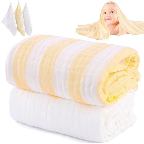Muslin Baby Bath Towel Set - 100% Organic Cotton 5-Piece Set (2 Large Towels & 3 Washcloths), 6 Layer Super Soft Absorbent Gauze for Newborns (Yellow Stripe)