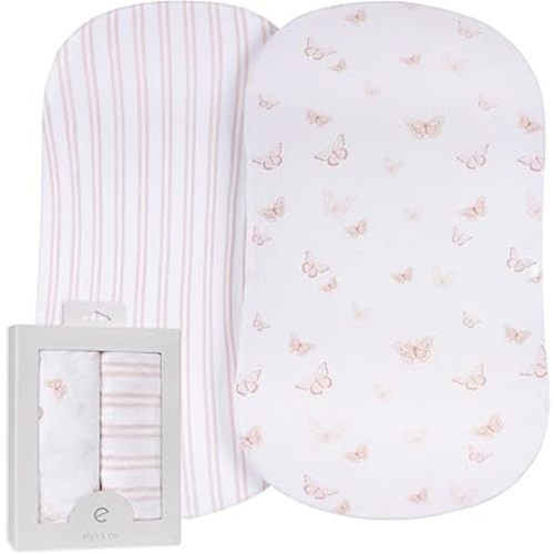 Ely's & Co. Fitted Bassinet Sheet 100% Jersey Cotton 2 Pack for Baby Girl - Pink Butterflies + Stripes