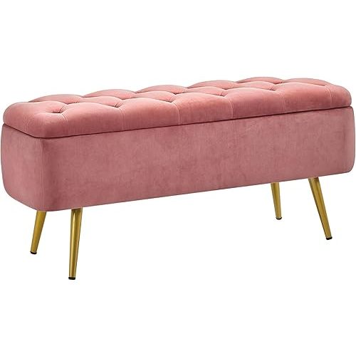Yaheetech Ottoman with Storage, Velvet Entryway Bench with Safety Hinge, Upholstered Bench with Seating for Bedroom, Living Room, Holds up to 519 lb, Pink