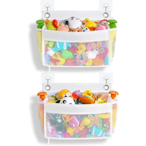 Bath Toy Holder 2-in-1 Zip-Connect Bathtub Toy Storage with 4 Suction Cups No Falling & one-click Toy Release Quick-Dry Mesh Baby Shower Toy Holder - Kids Bath Toy Net for Tub Organizer