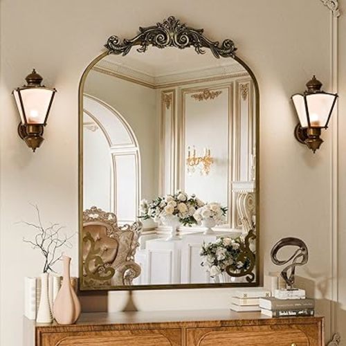 Koonmi Vintage Mirror, 24x36 Antique Barolon Mirror for Wall, Bronze Frame with Ornate Patterns, Detachable Flower Head, Shatter-Proof Tempered Glass Arched Decorative Mirrors for Bathroom