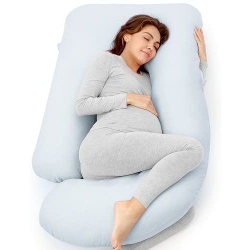 Momcozy Pregnancy Pillows for Sleeping, U Shaped Full Body Pillow 57 Inch for Pregnant Women with Back, Hip, Leg, Belly Support, Washable Jersey Cotton Cover Included, Light Blue