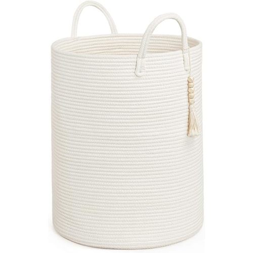 Goodpick White Laundry Basket with Handles, Tall Woven Laundry Hamper for Clothes, Towels, Pillows, Toys, Decorative Blanket Basket for Living Room, Bedroom, Playroom, 16 x 20 inches