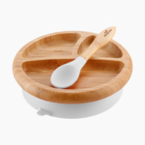 Avanchy Bamboo Suction Baby Plate + Spoon - White