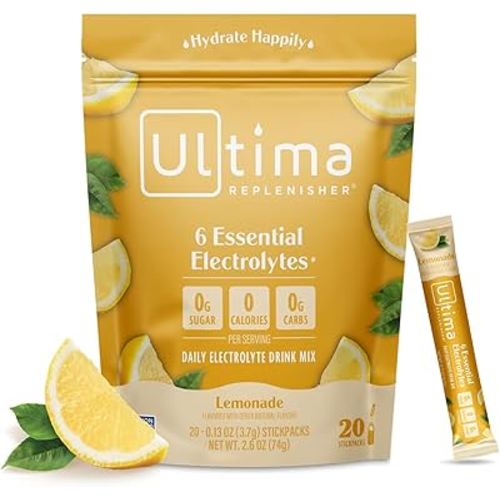 Ultima Replenisher Daily Electrolyte Drink Mix – Lemonade, 20 Packets – Hydration Packets with 6 Key Electrolytes & Trace Minerals – Keto Friendly, Vegan, Non-GMO & Sugar-Free Electrolyte Powder