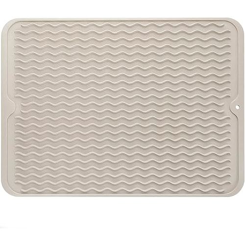 Silicone Dish Drying Mat for Multiple Usage,Easy clean,Eco-friendly,Heat-resistant Silicone Mat for Kitchen Counter or Sink,Refrigerator or Drawer liner Tapioca L 16 inches x 12 inches