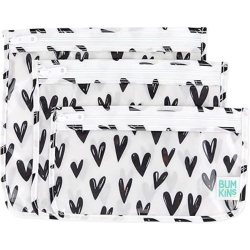 Bumkins Travel Bag, Toiletry, TSA Approved Pouch, Zip Bag, Quart Size Airline Compliant, Clear-Sided, Baby, Diaper Bag Organization, Makeup, Accessories, Packing, Set of 3 Sizes, Black Hearts