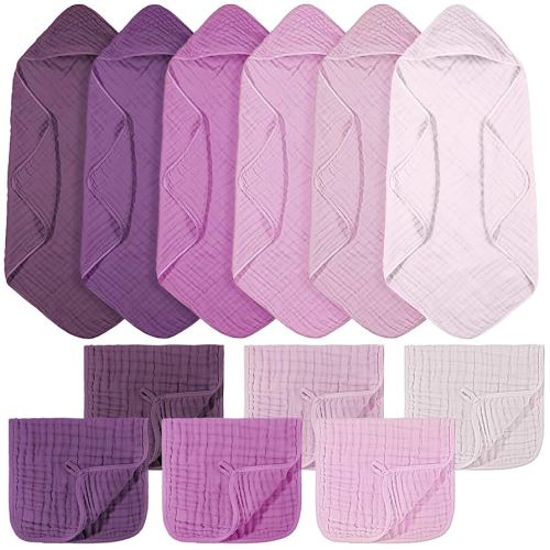 12 Pcs Baby Muslin Hooded Bath Towels and Washcloths, 32 x 32 Inch Muslin Cotton Hooded Baby Towels Absorbent Hooded Blankets for Gift Newborn Infant Shower (Purple Series)