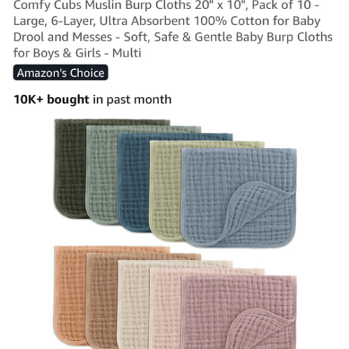 Comfy Cubs Muslin Burp Cloths 20" x 10", Pack of 10 - Large, 6-Layer, Ultra Absorbent 100% Cotton for Baby Drool and Messes - Soft, Safe & Gentle Baby Burp Cloths for Boys & Girls - Multi