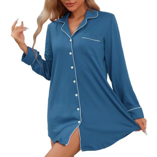 Cheibear Women's Long Sleeve Button Down Sleepshirt Loungewear Nightgown Red Small
