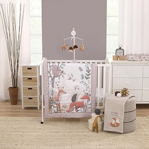 NoJo Little Love Woodland Meadow Taupe, Sage and White, Fox, Deer, and Hedgehog 3 Piece Nursery Mini Crib Bedding Set - Mini Comforter, and Two Fitted Mini Crib Sheets