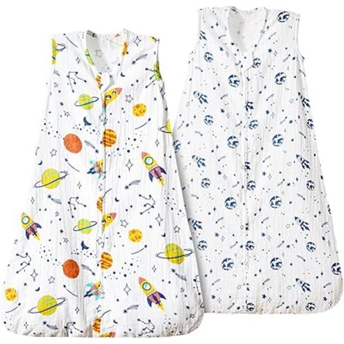 PHF 100% Muslin Cotton Baby Sleep Sacks, 6-12 Months Sleep Sack with 2-Way Zipper, 2 Pack Cooling 0.5 TOG Breathable Medium Size Sleeveless Baby Wearable Blanket for Baby Boy, Space