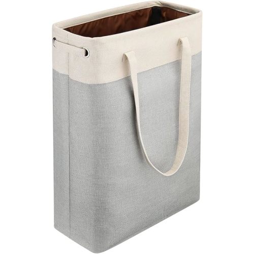 i BKGOO Laundry Basket with Handles Beige&Silver Slim Laundry Bin Collapsible Dirty Clothes Basket Narrow Laundry Bag Foldable Dirty Hamper for Camping, Dorms, Apartments