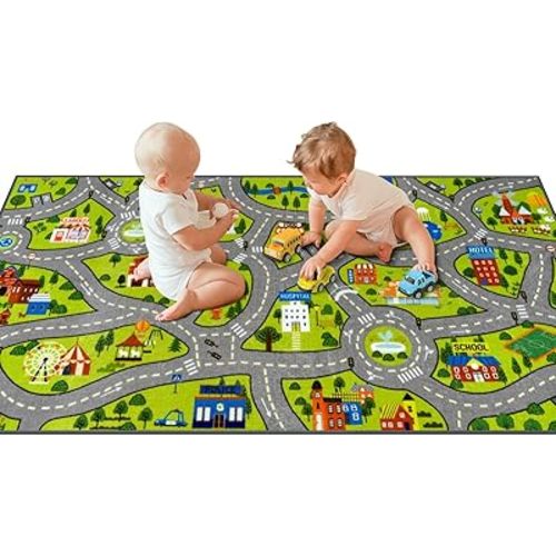 STARUIA Washable Kids Carpet Playmat Rug for Boys Play Room, Baby Fun Learning Car Rug for Kids Toy Cars, Non-Slip City Road Rug for Kids Room Bedroom Classroom, 79"x39"