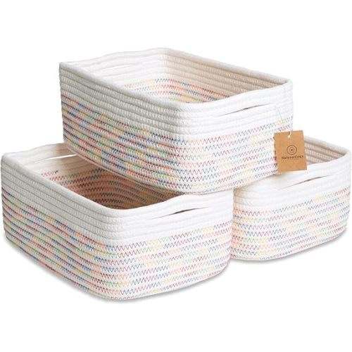 NaturalCozy 11.8"x8"x4.5” Rectangle Storage Baskets for Shelves 3 Pack | Cotton Rope Woven Small Baskets for Organizing | Small Storage Bins for Nursery, Bathroom, Closet, Shelf, Decorative, Gift