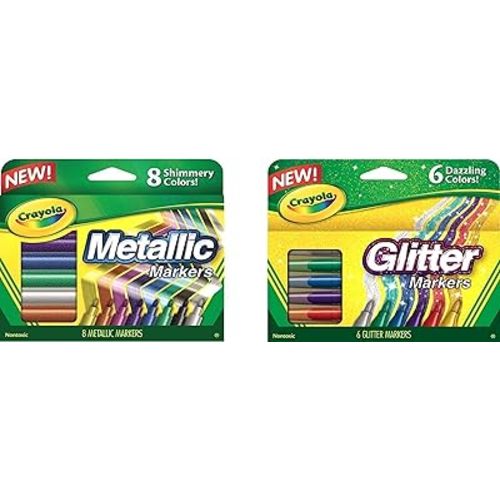 Crayola Metallic Markers 8 Count, Glitter Markers 6 Count, Combo Pack Bundle