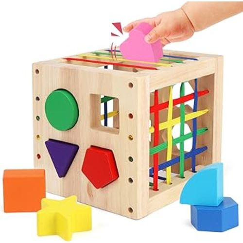 Aigybobo Montessori Toys for 1 Year Old, Wooden Shape Sorter Cube Bin, Baby Sensory Toys 12 Months+, Learning Education Preschool Fine Motor Skills Game, Birthday Gifts Toddler Boy Girl Age 1,2,3