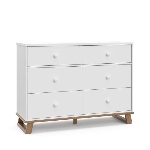 Storkcraft Modern 6 Drawer Double Dresser (White with Vintage Driftwood) – GREENGUARD Gold Certified, Modern Double Dresser for Nursery and Kids Bedroom, Wide Dresser Organizer for Children’s Bedroom