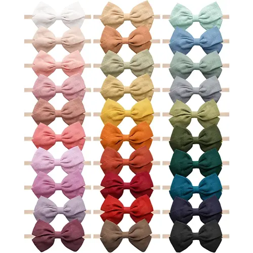 30 Pcs Baby Headbands Girls Hair Bows Nylon Hairbands with Linen Bows Handmade Head Accessories for Infant Newborn Toddlers Kids