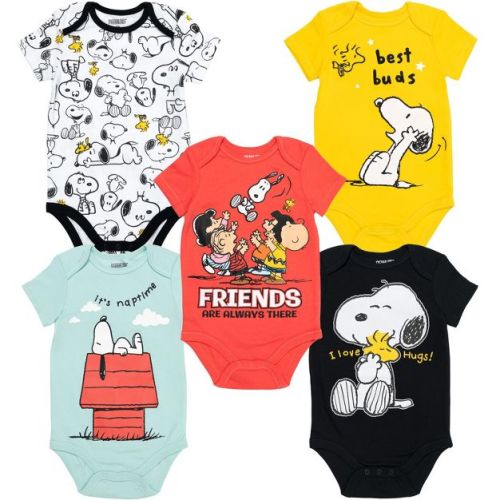 PEANUTS Snoopy Charlie Brown Infant Baby Boys 5 Pack Bodysuits Multi 6-9 Months