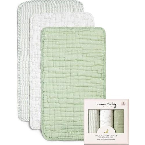 Nana Baby Burp Cloths – 100% Organic Cotton, Oversized & Hypoallergenic, 8-Layer Muslin, Machine Washable, Neutral Unisex Colors, Gentle on Sensitive Skin, Set of 3 (Green)
