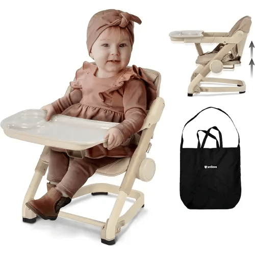 Feed Me 3-in-1 Travel High Chair Booster Seat for Infants and Toddlers - Transitional, Compact & Fits Any Chair, Swivel Tray, Milk Tea