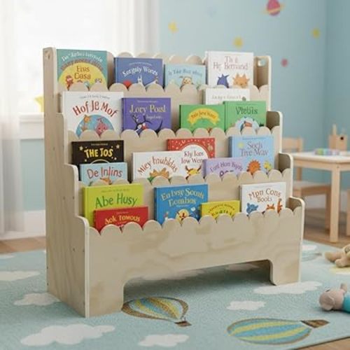 Kids Bookshelf 4-Tier, Natural Wood Children's Bookshelf, Scalloped Toddler Book Shelf, Baby Nursery Book Shelf, Display Front Facing Montessori Bookcase for Kids Room Playroom Nursery