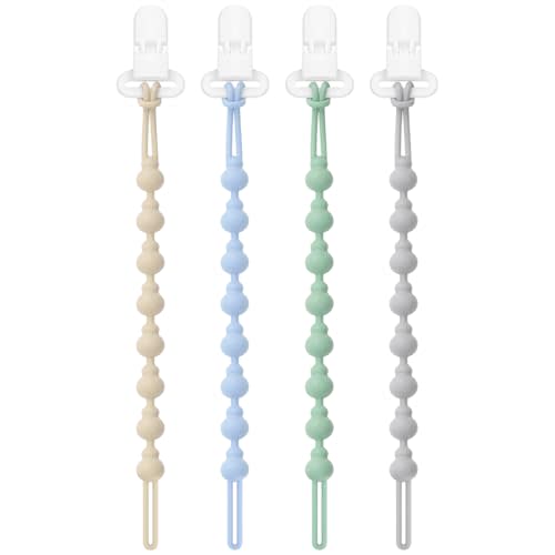 BEBOAN Silicone Pacifier Holder Clips for Baby Boys and Girls, 4 Pack One Piece Soft Flexible Binky Clips, Newborn Teething Paci Leash Straps, Teething Relief Toys Gift Baby Newborn Essentials