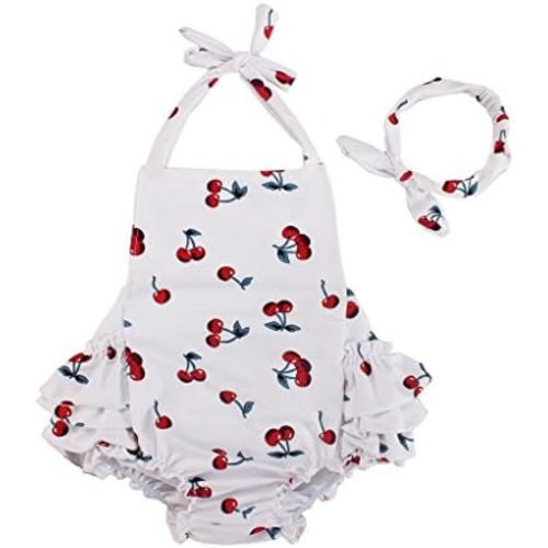 Baby Girl Cherry Pattern Bathing Suits Outfits Rompers with Headband 0-4 Years