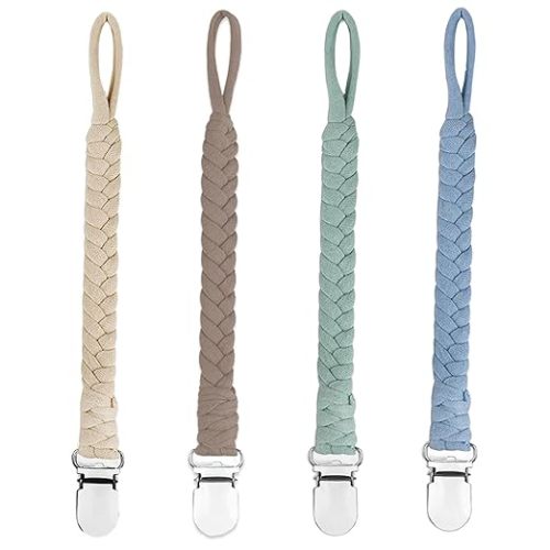 4 Pcs Pacifier Clip, Pacifier Clips for Boys & Baby Girls Pacifier Holder Clip Binky Clips Braided 100% Handmade Fits All Pacifiers(Blue, 4 Pack)