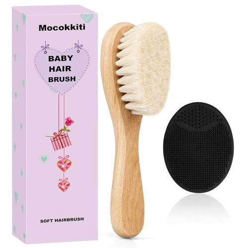 Baby Hair Brush, Mocokkiti Goat Bristles Brush and Baby Cradle Cap Brush Set for Cradle Cap Wood Bristle Brush for Newborns and Toddlers 2PCS