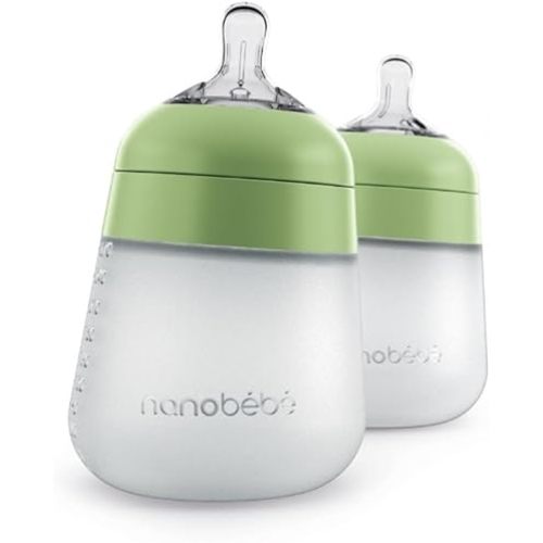 Nanobébé Flexy Silicone Baby Bottle, Anti-Colic, Natural Feel, Non-Collapsing Nipple, Non-Tip Stable Base, Easy to Clean 2-Pack, Sage, 9oz