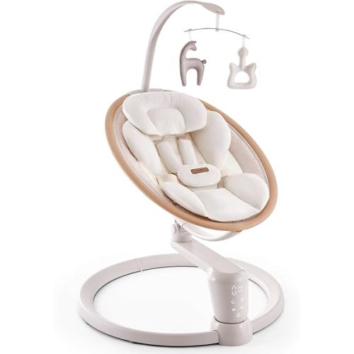HARPPA Weddell Signature Baby Electric Swing for Newborns and Infants, Elevated Eye-Level Seat, 180° Rotation with Dual Motion, 5-Point Harness, 5 Speeds & Remote Control, Beige