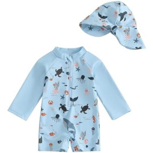 WYTbaby Baby Boy Rash Guard Swimsuit Set with Sun Hat, Long Sleeve One Piece Zipper Sunsuit for Infant Toddler 0-3T