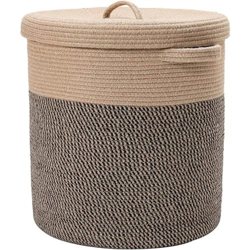 Extra Large 16" x 16" x 18" Storage Basket with Lid, Cotton Rope Laundry Hamper, Cloth Bin for Clothes, Towels, Blankets, Pillows in Living Room, Jute/Black Mix Basket