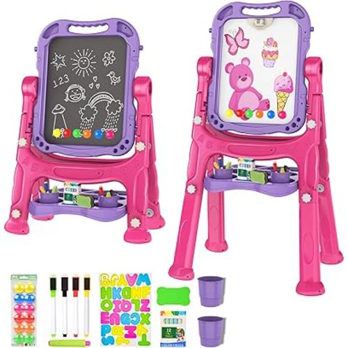 Amagoing Easel for Kids, Adjustable Standing Art Easel for Toddler, Double Drawing Board with Painting Accessories, Birthday Christmas Gift for Little Boys and Girls, Middle Size Purple
