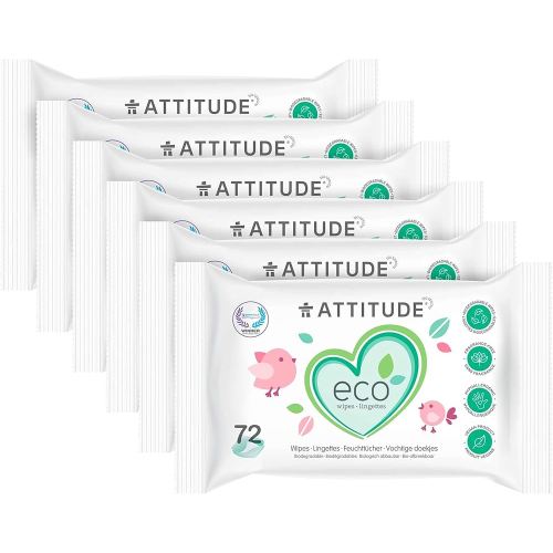 ATTITUDE Biodegradable Baby Wipes, Plant Based Unscented Diaper Wipes for Babies and Newborn, Dermatologically Tested, Vegan, 72 Count (Pack of 6)