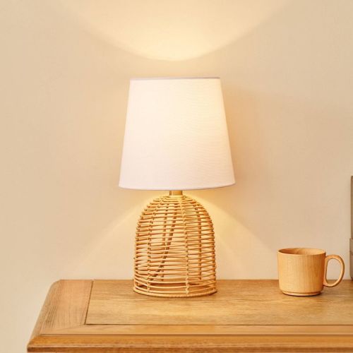 Globe Electric 16" Rattan Base Table Lamp with White Linen Shade: ETL Listed, Metal Body, Drum Shade Shape, 5' Cord