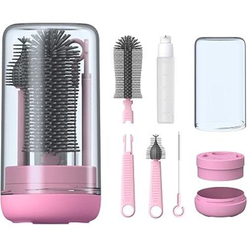 YOTIME Baby Bottle Brush, Travel Bottle Cleaner Kit with Extendable Silicone Bottle Brush, Nipple Cleaner Brush, Straw Brush, Soap Dispenser, Dust Cap and Stand, Pink