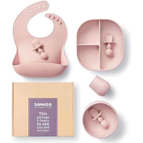 SAMiGO Silicone Baby Feeding Set, Baby Led Weaning Supplies, Suction Bowl Plate Bib Cup Self Feeding Spoons, Solid Food Eating Essentials, First Stage Utensils, 6+ Months