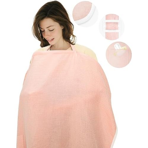 Muslin Nursing Cover for Breastfeeding,Breathable Breastfeeding Cover up with Arch Neckline for Women,Machine Washable & Dryer Safe Feeding Cover Up,43.3” x 25.6” (Light Pink)