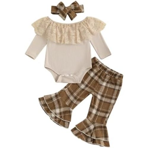 SHIBAOZI Baby Girl 3Pieces Clothes Set Lace Collar Ribbed Romper Tweed Plaid Flared Pants Headband