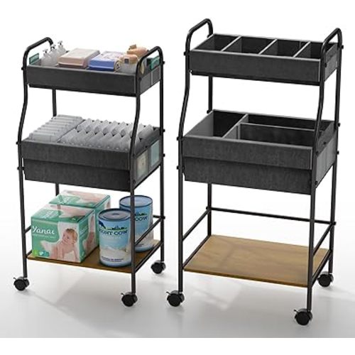 3-Tier Baby Diaper Caddy Cart with Dividers, Rolling Baby Diaper Caddy Organizer and Storage Nursery Cart, Large Capacity Metal Baby Organizer Bedside Cart for Baby Essentials (Black)