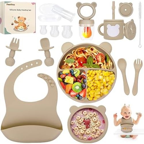 PERRYHOME Silicone Baby Feeding Set, 17pcs Baby Led Weaning Feeding Supplies for Toddlers, Kids Suction Silicone Plates and Bowls Set for Baby Gift (Beige)