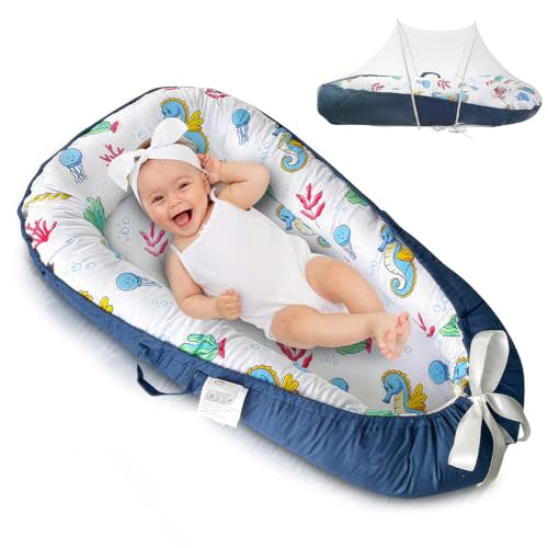 PIERRI Baby Lounger for Newborn with Detachable Mosquito Net Toddler Floor Lounger Baby Reversible Infant Lounger Baby Lounger for Newborn Ultra-Soft Cotton Baby Double-Sided nest Lounger