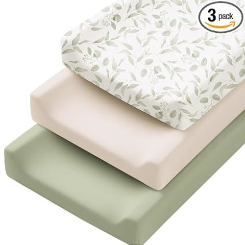 Konssy 3 Pack Stretchy Changing Pad Covers for Girl, Boy, Silky Soft Changing Table Cover, Breathable Baby Nursery Diaper Chang Pad Sheets (Green Leaves)