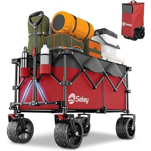 Sekey 220L Collapsible Foldable Wagon with 330lbs Weight Capacity, Heavy Duty Folding Utility Garden Cart with Big All-Terrain Beach Wheels & Drink Holders.Red&Grey