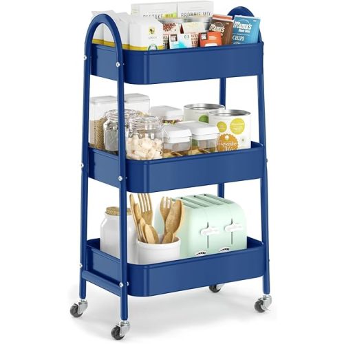 EAGMAK 3 Tier Utility Rolling Cart, Metal Storage Cart with Handle and Lockable Wheels, Multifunctional Storage Organizer Trolley with Mesh Baskets for Kitchen, Living Room, Office, Garage (Indigo)