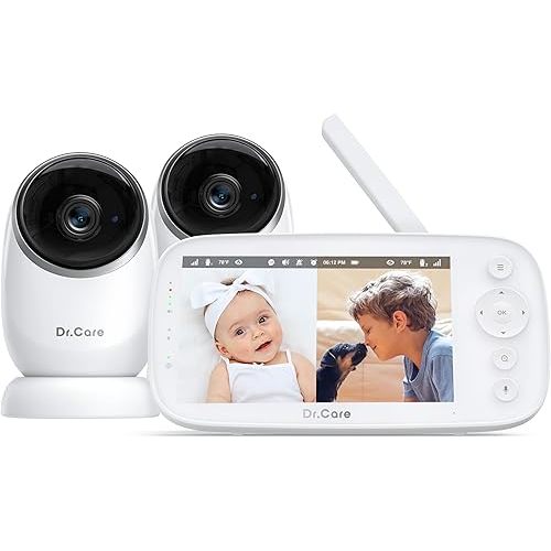 NovaView Video Baby Monitor with 2 Cameras - 5” 1080P HD Screen, Ultra-Low Radiation, 5000mAh Battery, Night Vision, Real-Time/VOX, 2X/4X Zoom, Pan & Tilt, 1000ft Range, 2-Way Audio, No WiFi