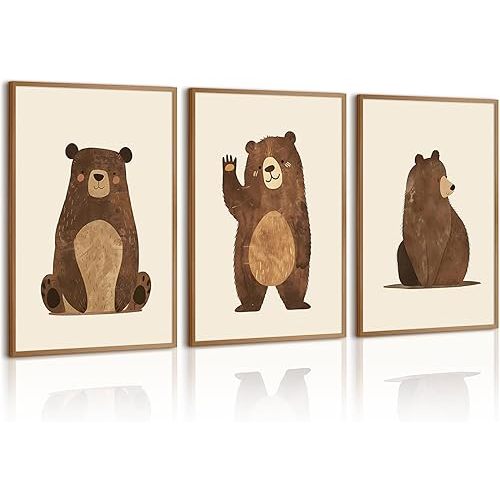 Nursery Wall Art Baby Canvas Pictures Bear Wall Decor Boys Room Prints Kids Poster Cute Animal Theme Pictures Woodland Bear Painting Neutral Children Artwork for Bedroom 12x16 Inch Unframed Set of 3